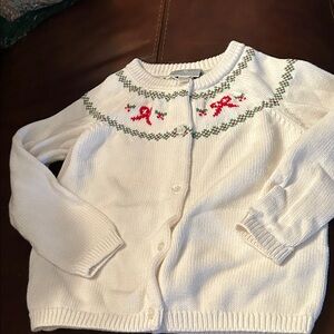 White Cardigan Sweater with Red and Green Accents